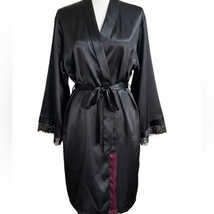Vintage Black Satin Robe with Lace Trim